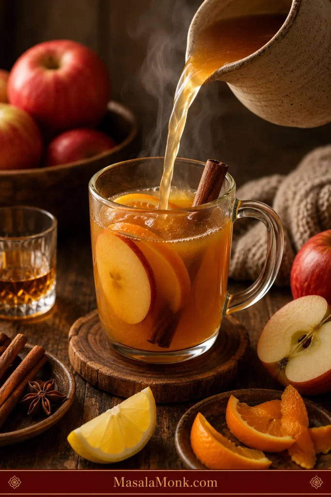 Apple cider hot toddy being poured into a glass mug with apple slices, cinnamon, orange peel, lemon, and warm autumn colors.