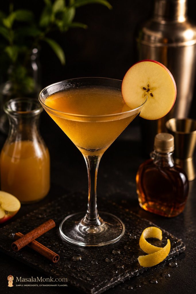 Amber apple cider martini in a coupe glass with an apple slice garnish, cinnamon sticks, lemon peel, apple cider, and a small syrup bottle.