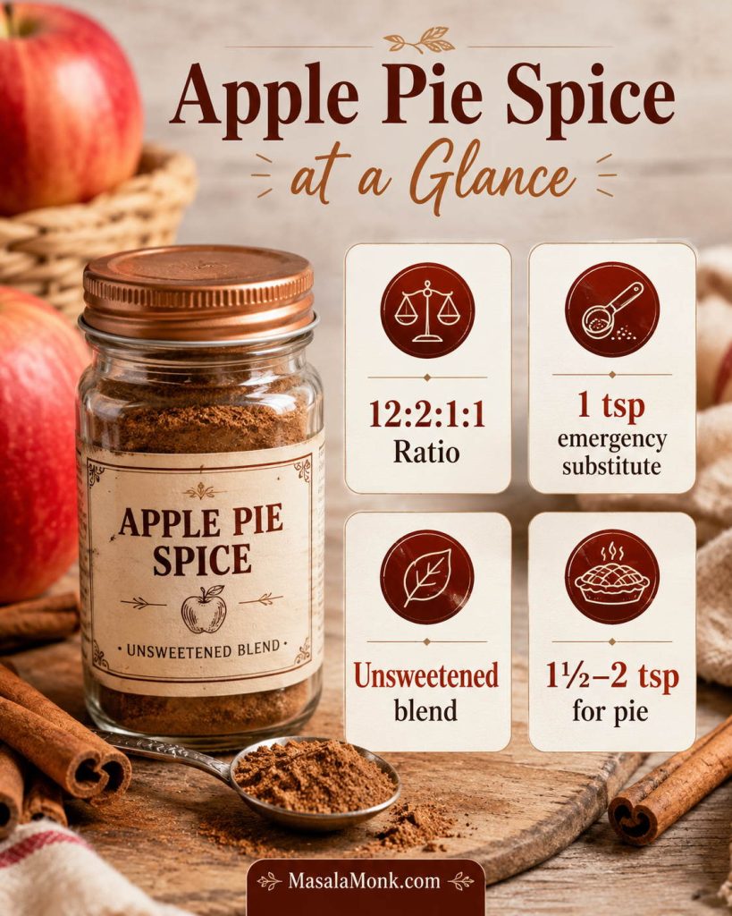 Apple pie spice at-a-glance guide with a spice jar and four points: 12:2:1:1 ratio, 1 teaspoon emergency substitute, unsweetened blend, and 1½ to 2 teaspoons for pie.