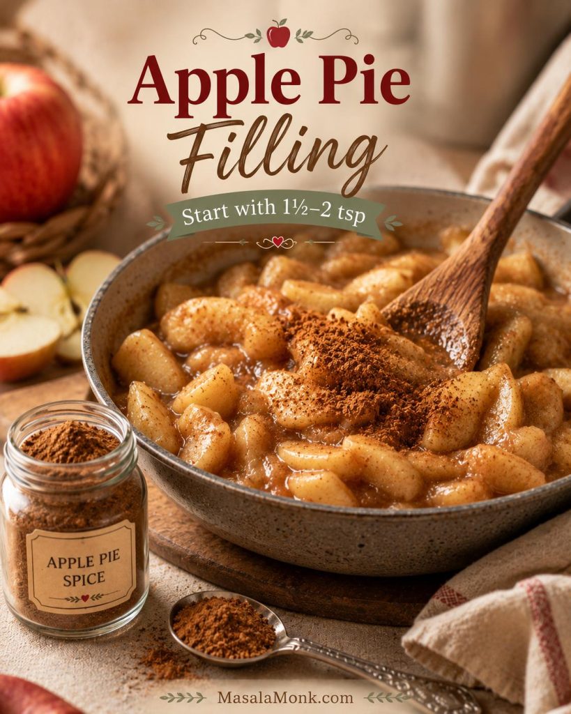 Apple pie spice being added to glossy apple pie filling in a pan with a wooden spoon, sliced apples, a spice jar, and a measuring spoon nearby.
