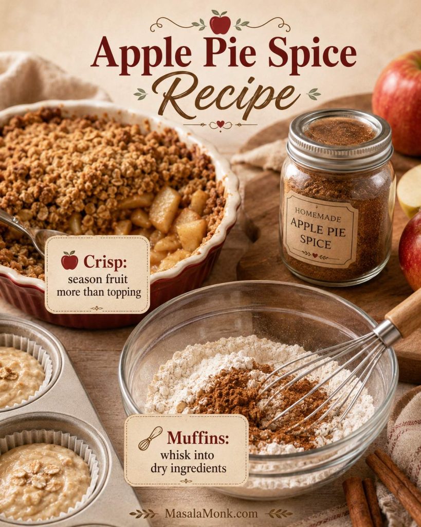 Apple pie spice used in baking with apple crisp, muffin batter, a spice jar, and dry ingredients being whisked with spice.