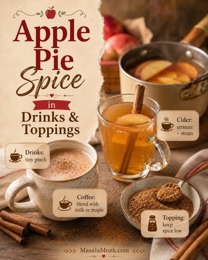 Apple pie spice used in drinks and toppings with hot cider, coffee, a bowl of spice, and notes for tiny pinch, simmer and strain, blend with milk or maple, and keep spice low.