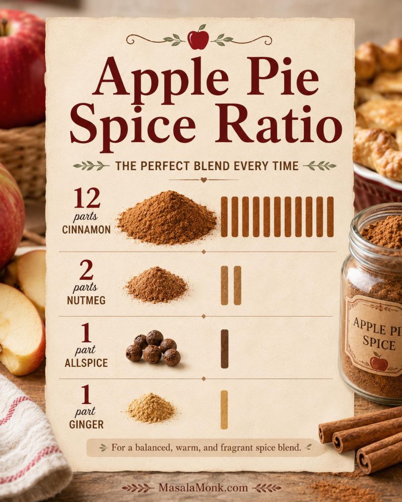 Apple pie spice ratio guide showing 12 parts cinnamon, 2 parts nutmeg, 1 part allspice, and 1 part ginger with spice piles and a jar.