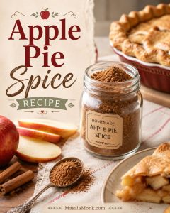 Glass jar of homemade apple pie spice beside sliced apples, cinnamon sticks, a spoonful of spice, and apple pie on a warm kitchen surface.