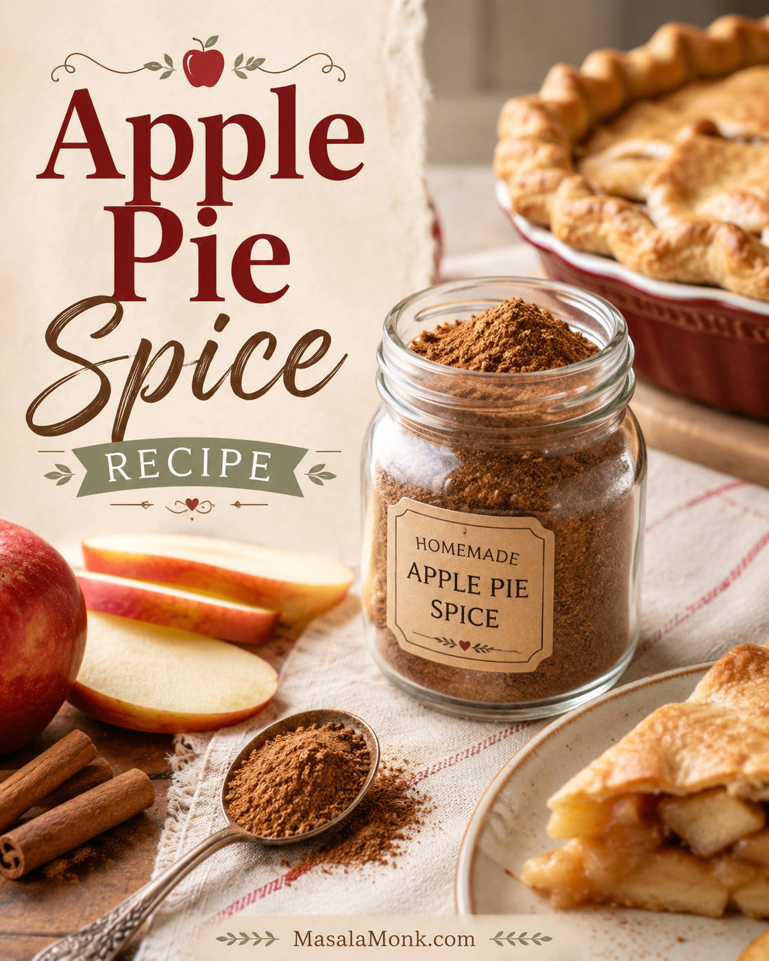 Glass jar of homemade apple pie spice beside sliced apples, cinnamon sticks, a spoonful of spice, and apple pie on a warm kitchen surface.