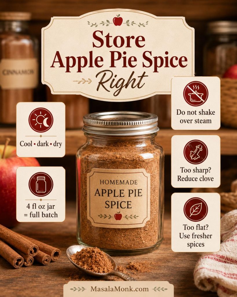Storage and troubleshooting guide for homemade apple pie spice showing a jar in a pantry with notes for cool dark dry storage, 4 fluid ounce jar, no steam, reduce clove, and fresher spices.