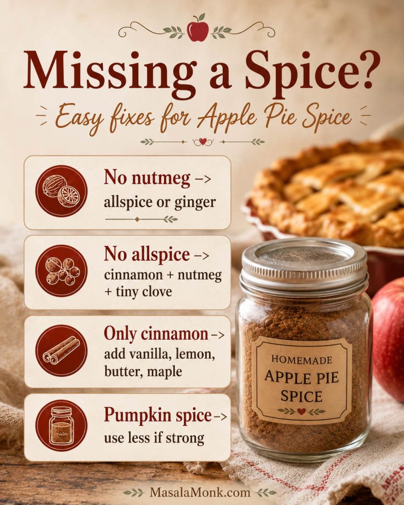 Missing spice guide for apple pie spice showing substitutions for no nutmeg, no allspice, only cinnamon, and pumpkin pie spice.