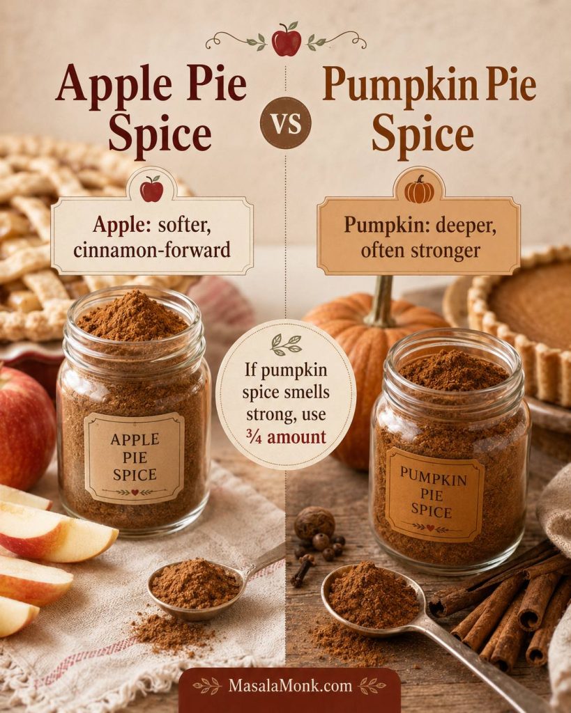 Apple pie spice versus pumpkin pie spice comparison showing two spice jars, apples, pumpkin, and a note to use ¾ amount if pumpkin spice smells strong.