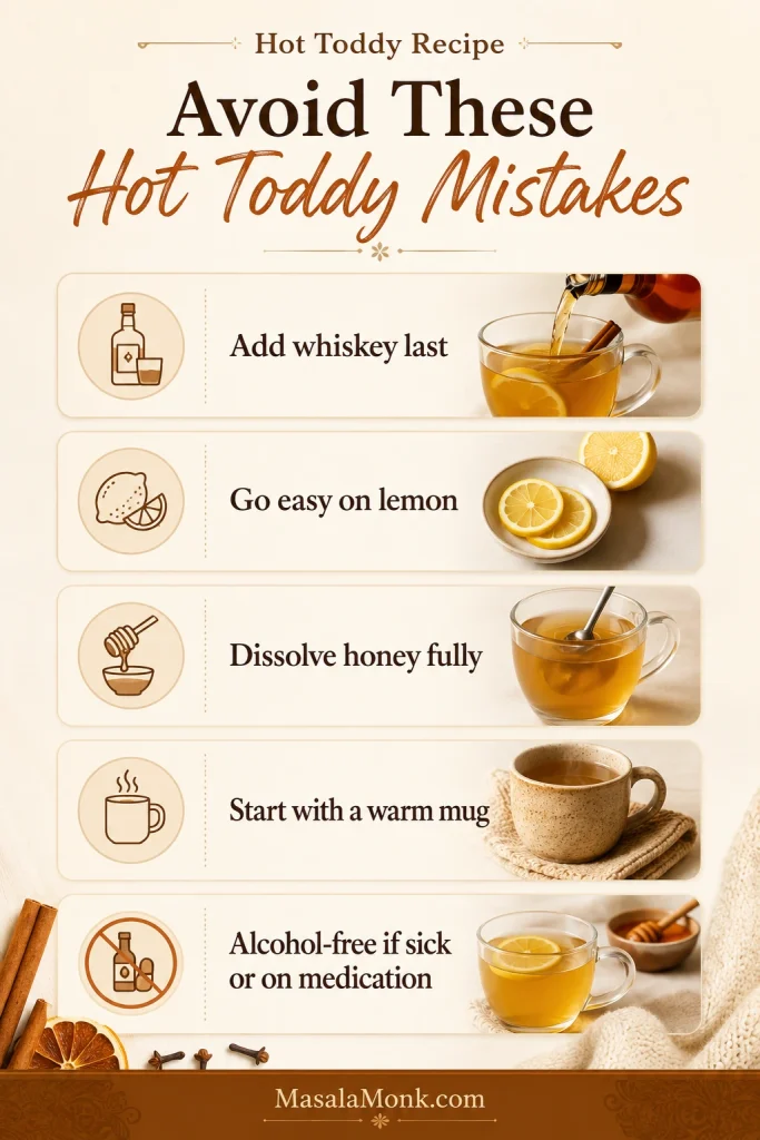 Infographic titled Avoid These Hot Toddy Mistakes with tips to add whiskey last, go easy on lemon, dissolve honey fully, warm the mug, and choose alcohol-free if sick or on medication.