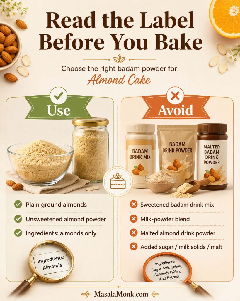 Guide showing plain ground almonds to use and sweetened badam drink mixes to avoid for almond cake.