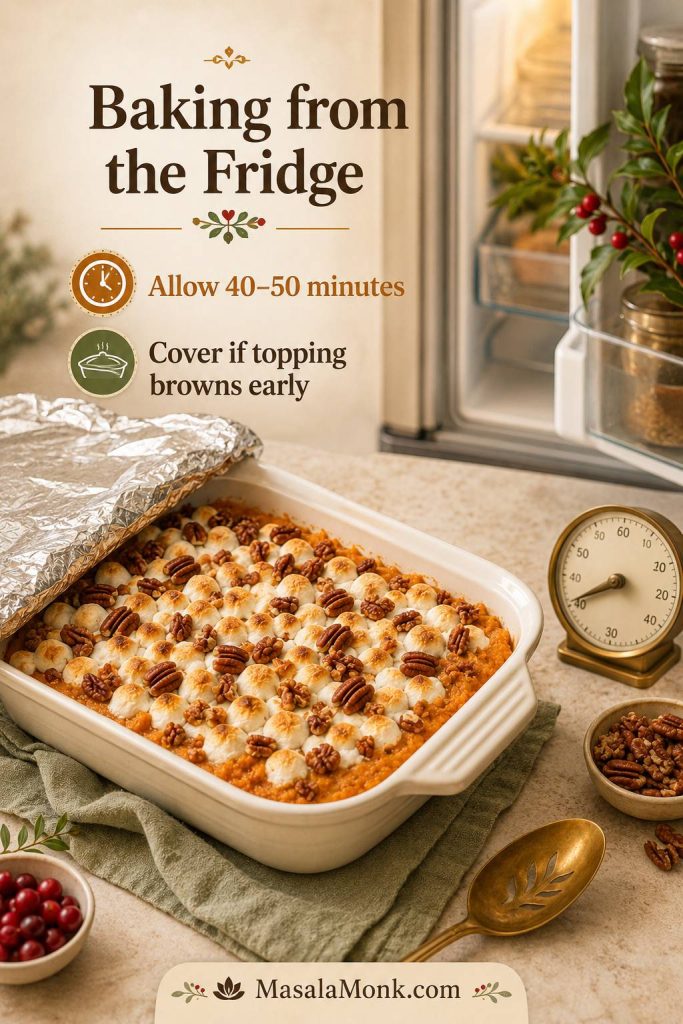 Sweet potato casserole with foil near an open refrigerator, showing guidance to bake from the fridge for 40 to 50 minutes and cover if topping browns early