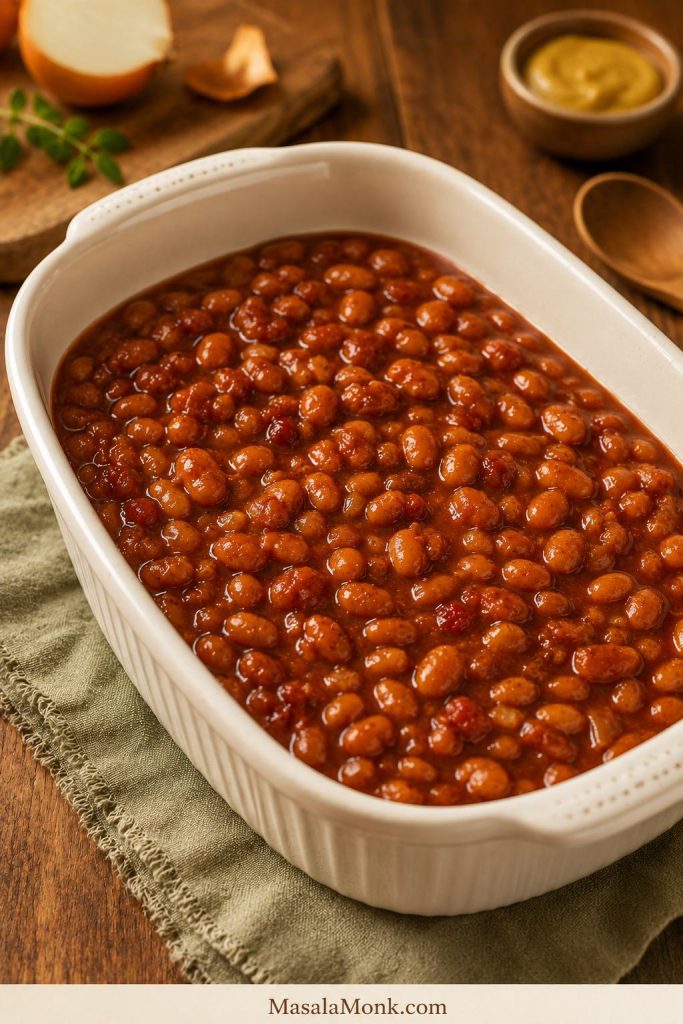 Saucy baked beans in a cream baking dish before baking.