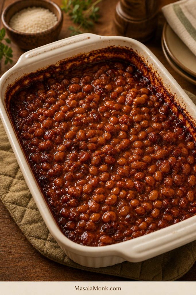 Finished baked beans bubbling in a cream baking dish.