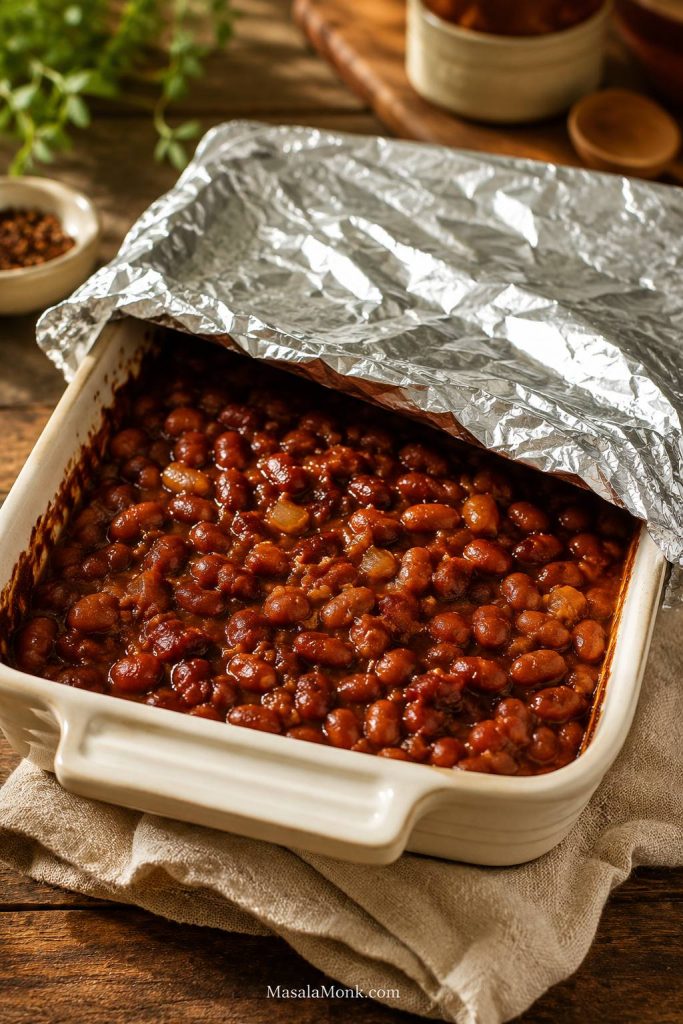 Baked beans loosely covered with foil lifted at one corner.