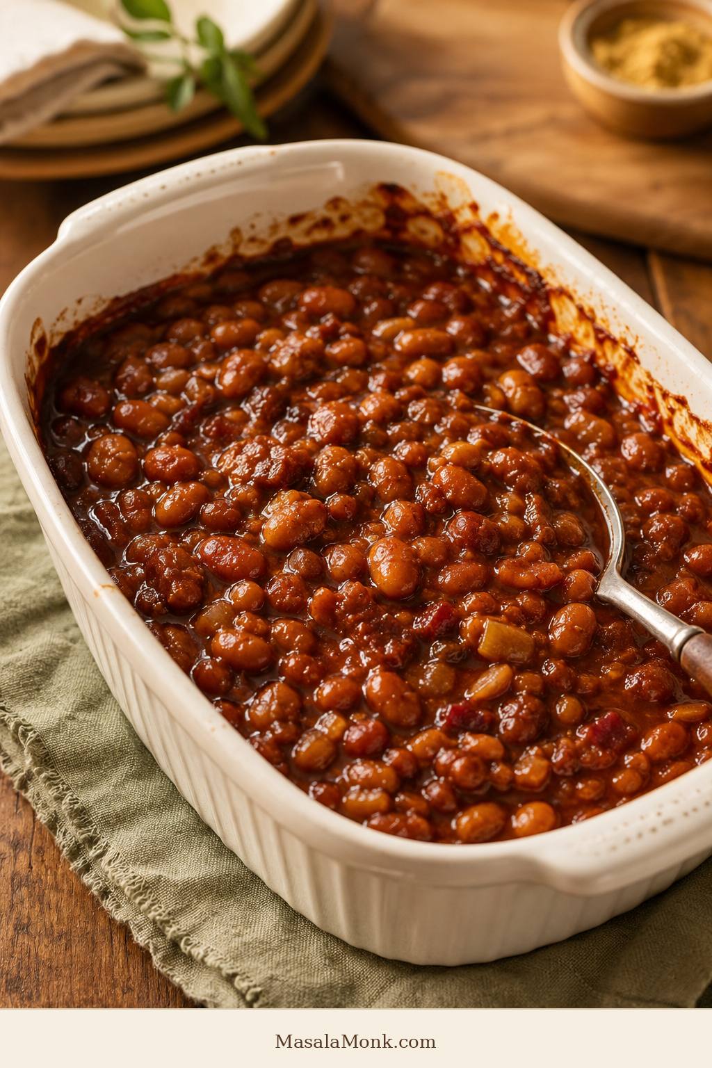 Homemade baked beans in a white ceramic dish with browned edges.