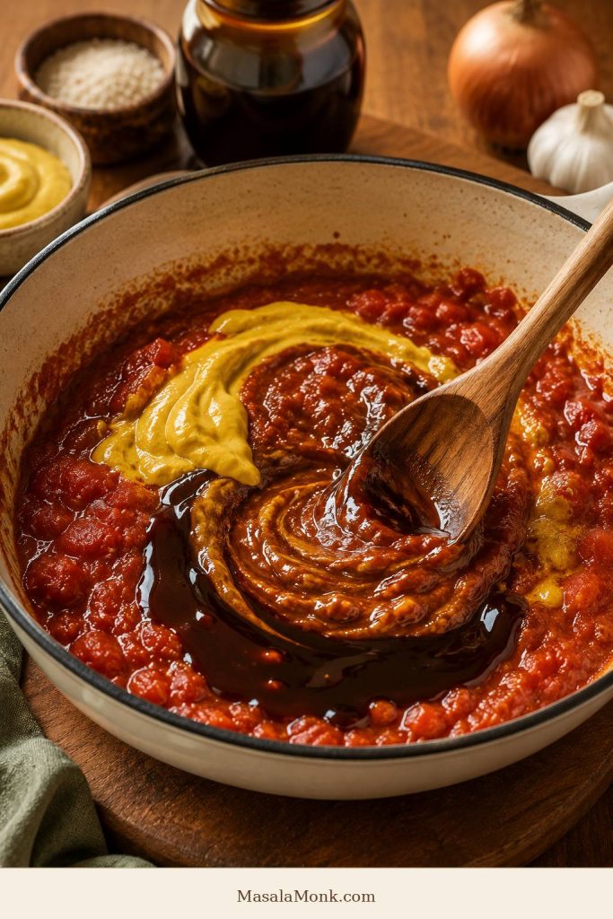 Tomato, mustard, and molasses stirred into baked beans sauce.