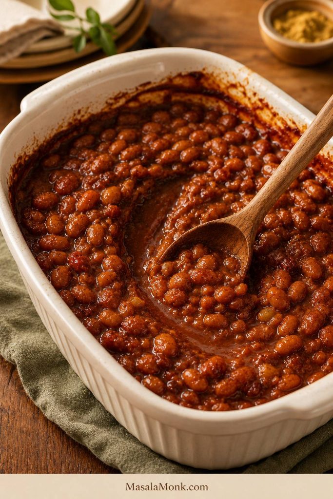 Spoon dragged through rested baked beans, leaving a visible trail.