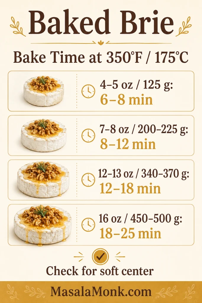 Baked brie bake time chart showing small, standard, medium, and large brie wheels with baking times at 350°F.