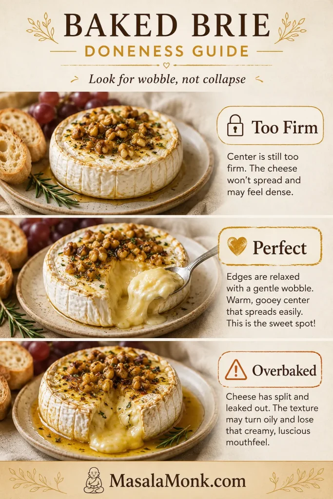 Doneness guide comparing three baked brie wheels labeled too firm, perfect, and overbaked.