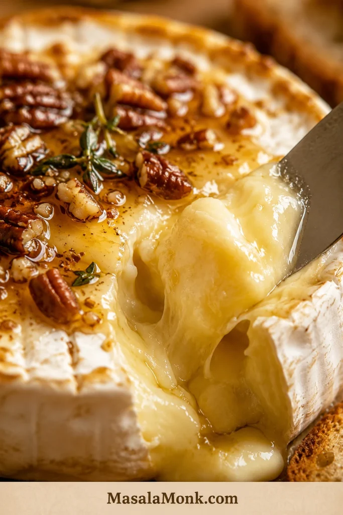 Close-up of a cracker scooping soft baked brie with honey, nuts, herbs, and melted cheese in the center.