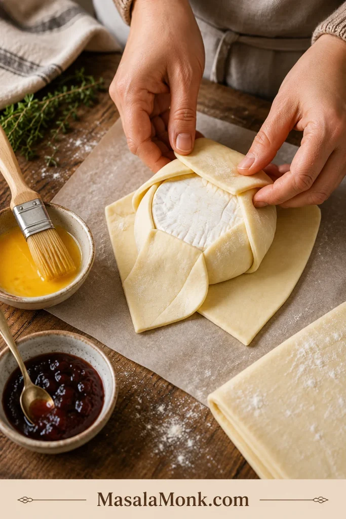Hands folding puff pastry around a brie wheel with egg wash, jam, parchment, flour, and a pastry brush nearby.