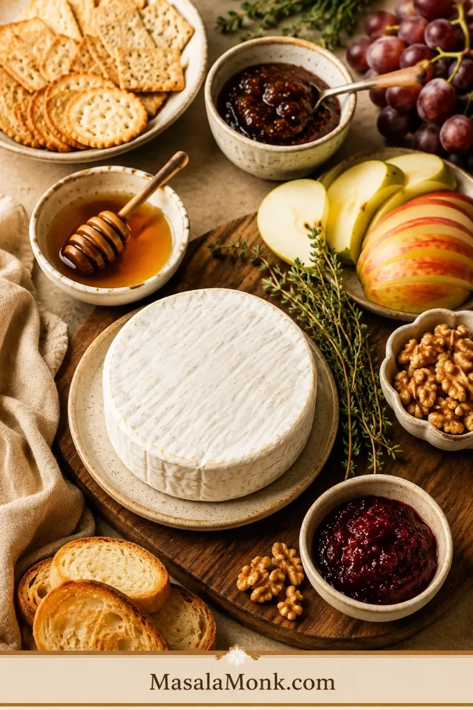 Ingredients for baked brie arranged on a board, including brie, honey, jam, nuts, herbs, crackers, apples, pears, and grapes.