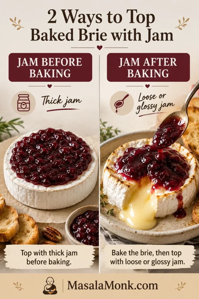 Split guide showing thick jam on brie before baking and loose jam spooned onto warm baked brie after baking.