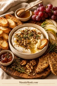 Warm baked brie with honey, nuts, herbs, crackers, crostini, pear slices, grapes, and a serving knife on a wooden board.