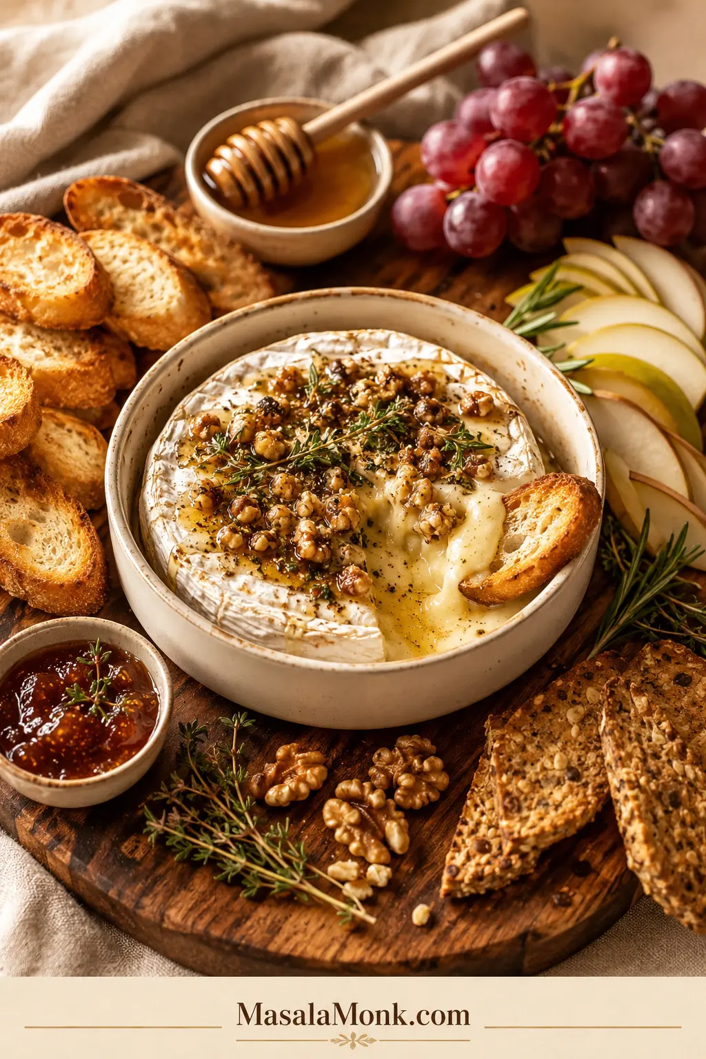 Warm baked brie with honey, nuts, herbs, crackers, crostini, pear slices, grapes, and a serving knife on a wooden board.