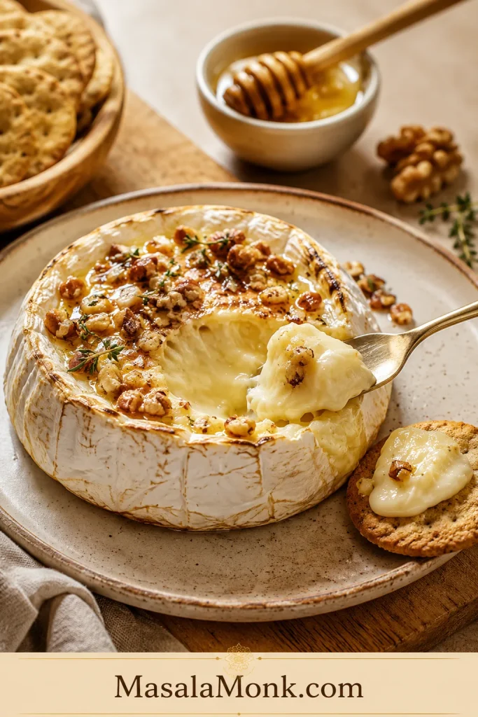 Baked brie with a soft center being scooped while the rind holds the round wheel of cheese in place.