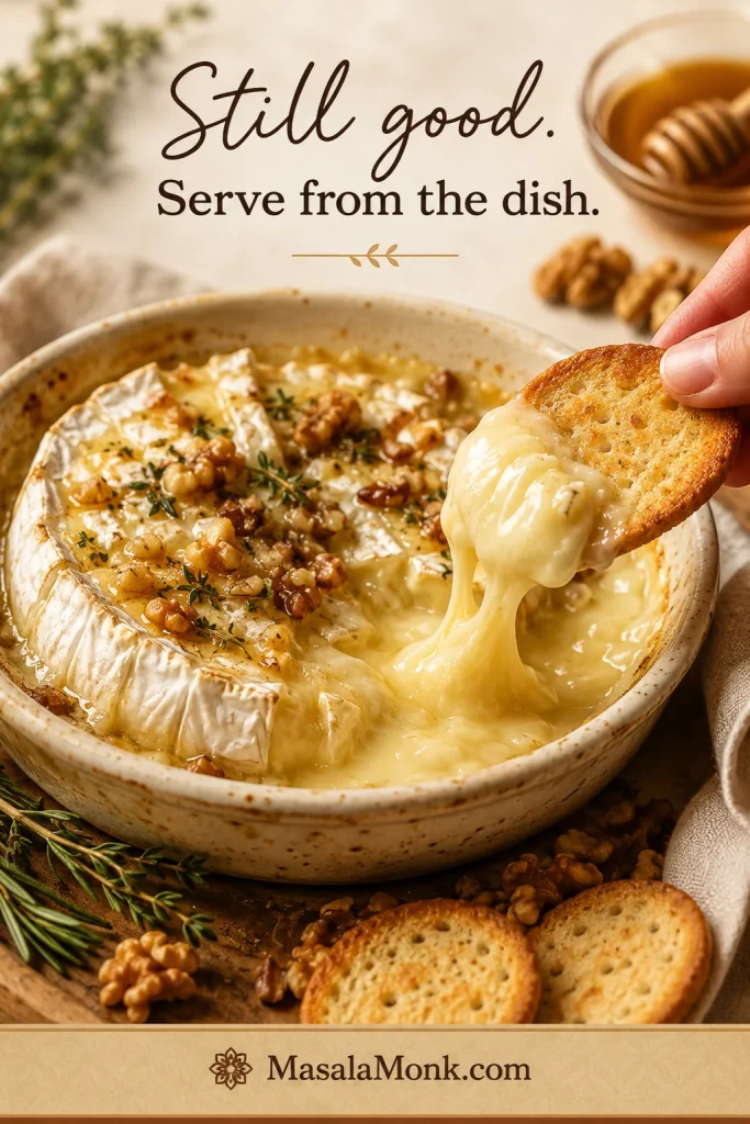 Leaked baked brie served from a shallow dish with a cracker lifting melted cheese, honey, walnuts, and herbs nearby.