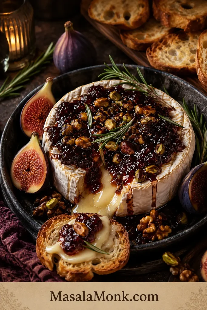 Baked brie with dark fig jam, fresh figs, pistachios, walnuts, rosemary, crostini, and melted cheese.