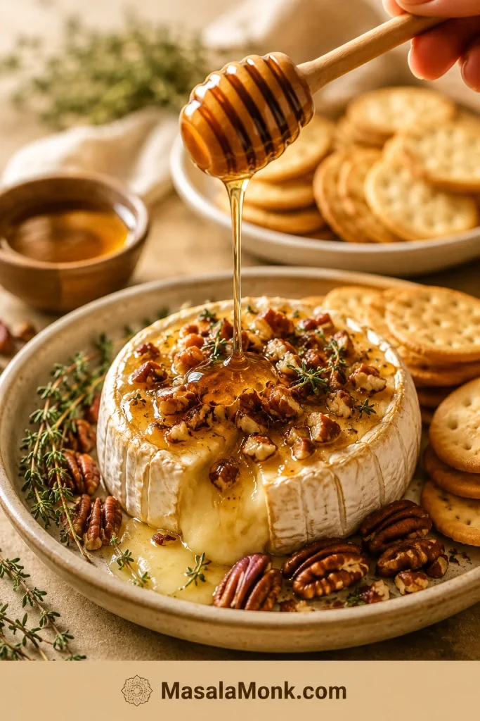 Honey being drizzled from a wooden dipper over baked brie with pecans, thyme, crackers, and a soft center.