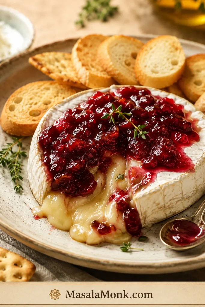 Baked brie with ruby red jam melting over the top, served with crostini, crackers, and fresh thyme.