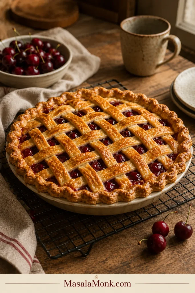 A whole baked lattice cherry pie cooling on a wire rack beside cherries, a mug, and a linen towel.