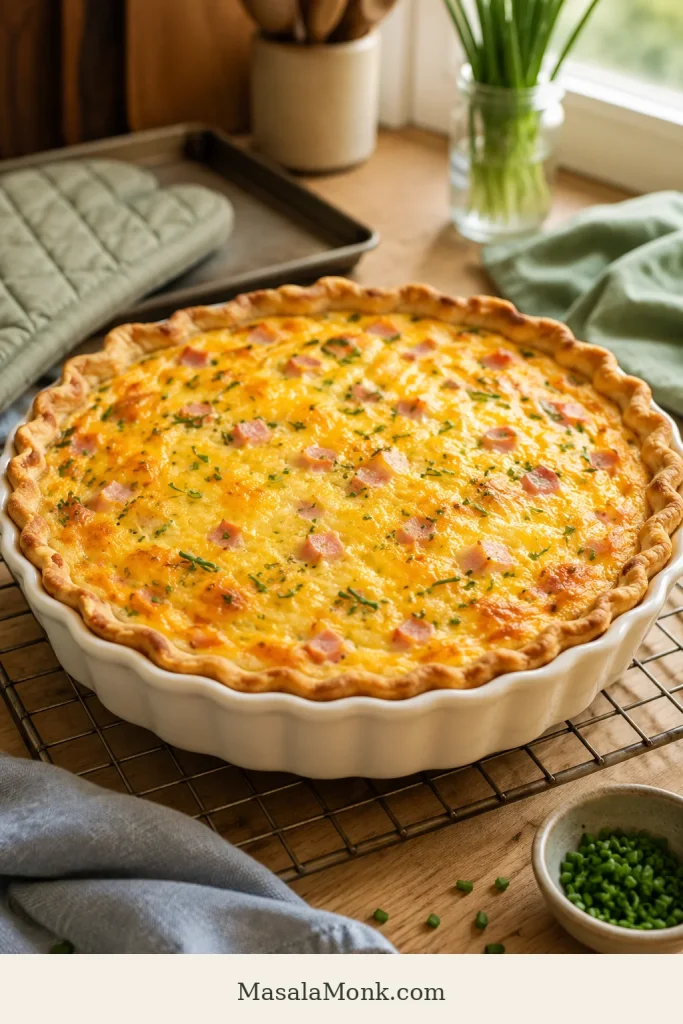 Whole baked ham and cheese quiche in a white ceramic pie dish resting on a wire cooling rack.