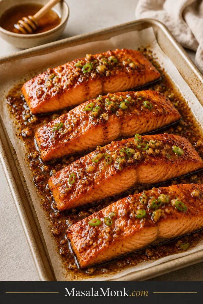 Baked honey garlic salmon fillets on a parchment-lined tray with glaze and scallions.