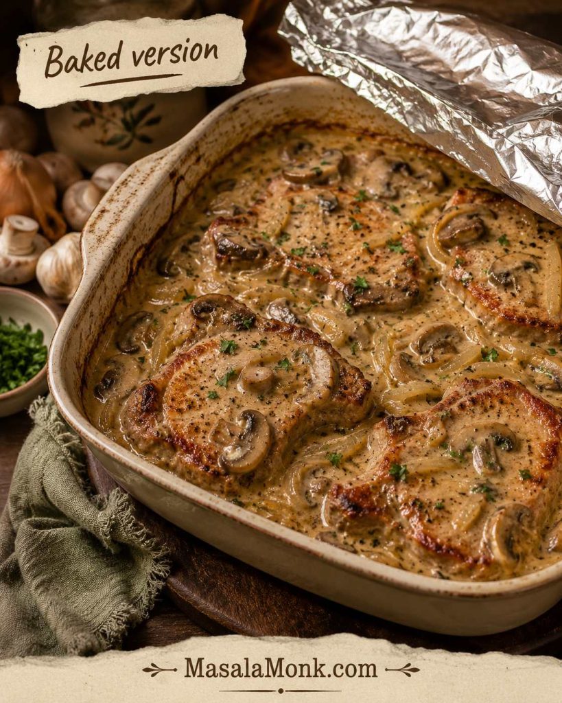 Baked pork chops with cream of mushroom soup gravy in a casserole dish with mushrooms, onions, parsley, and foil partly lifted.