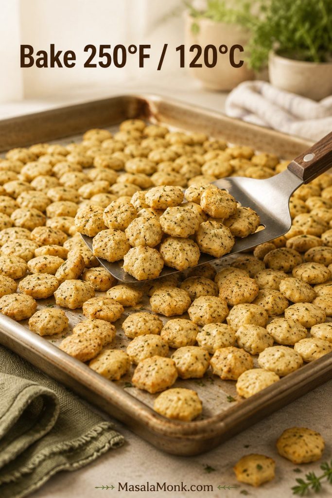 Baked ranch oyster crackers on a sheet pan with toasted edges, herb flecks, and a spatula lifting some crackers.