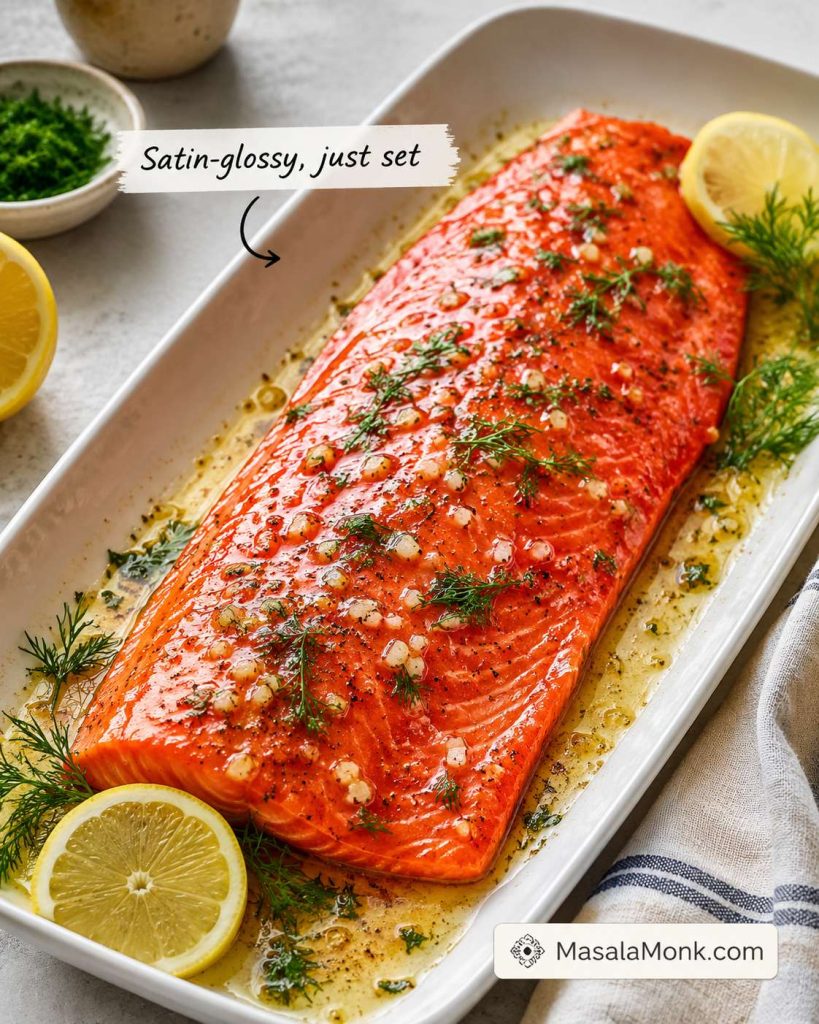 Baked sockeye salmon on a plate with a glossy just-set surface, lemon, garlic, and herbs.