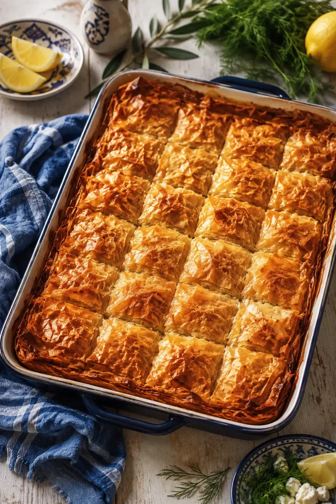 A whole baked tray of spanakopita with a golden phyllo top and dry scored lines.