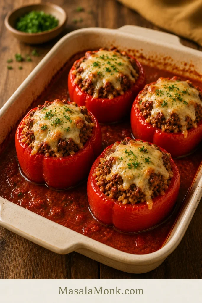 Finished baked stuffed red peppers with melted cheese and bubbling tomato sauce in a cream ceramic dish