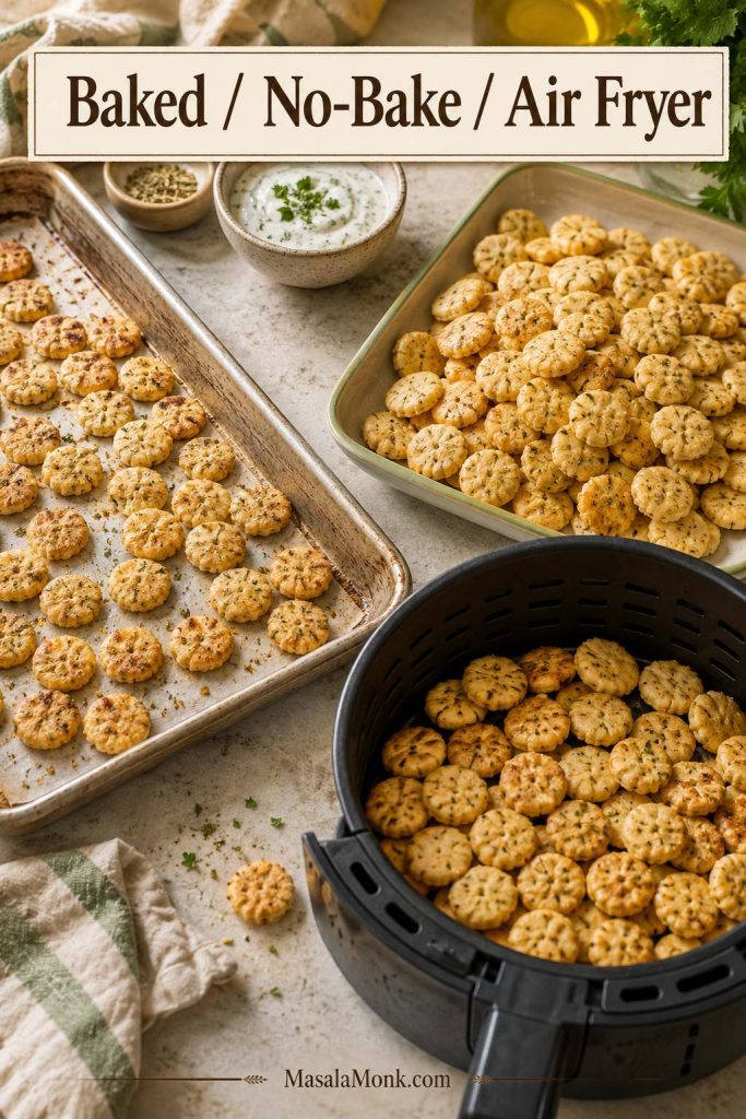 Baked, no-bake, and air fryer ranch oyster crackers shown with a sheet pan, resting tray, and air fryer basket.