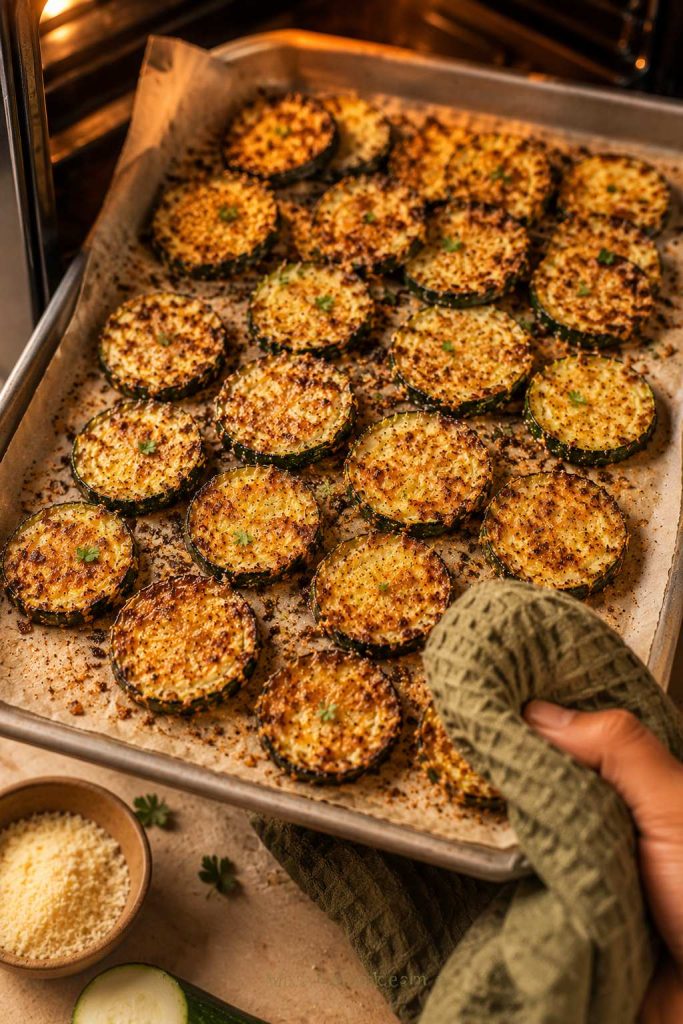 Golden baked zucchini chips on a parchment-lined sheet pan being pulled from the oven.