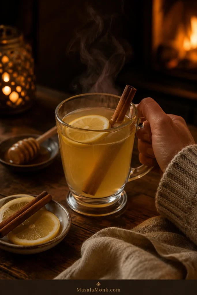 A hand holding a steaming hot toddy mug with lemon and cinnamon beside honey, lemon slices, and a cozy table setting.