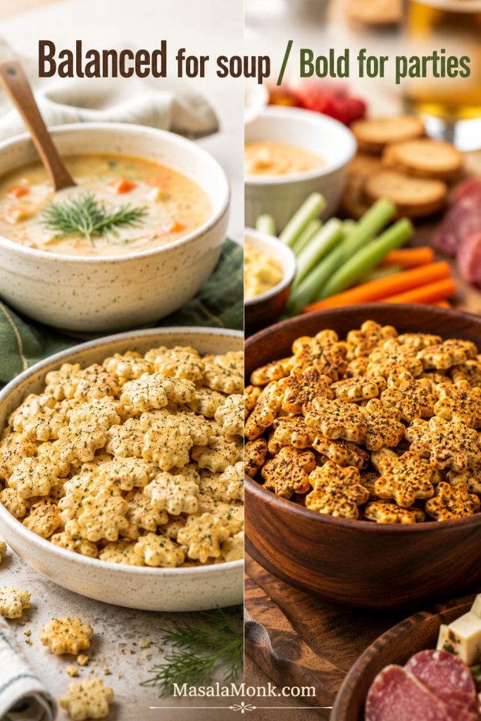 Lighter ranch oyster crackers for soup beside a bolder seasoned batch for parties.