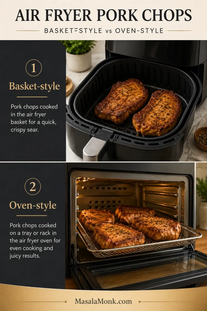 Comparison of basket-style and oven-style air fryers cooking pork chops in separate labeled sections.