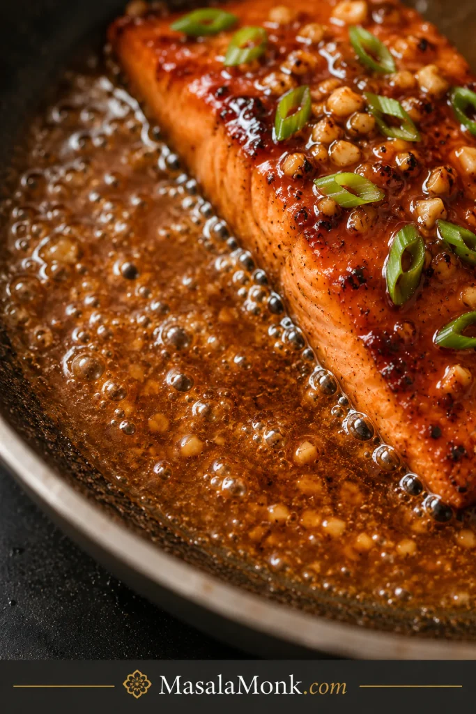 Spoon pouring glossy honey garlic sauce over a salmon fillet in a skillet.