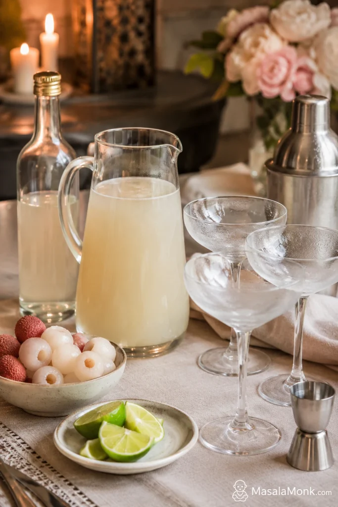Clear pitcher and bottle of lychee martini base with empty chilled glasses, lychees, lime, shaker, and jigger on a table.