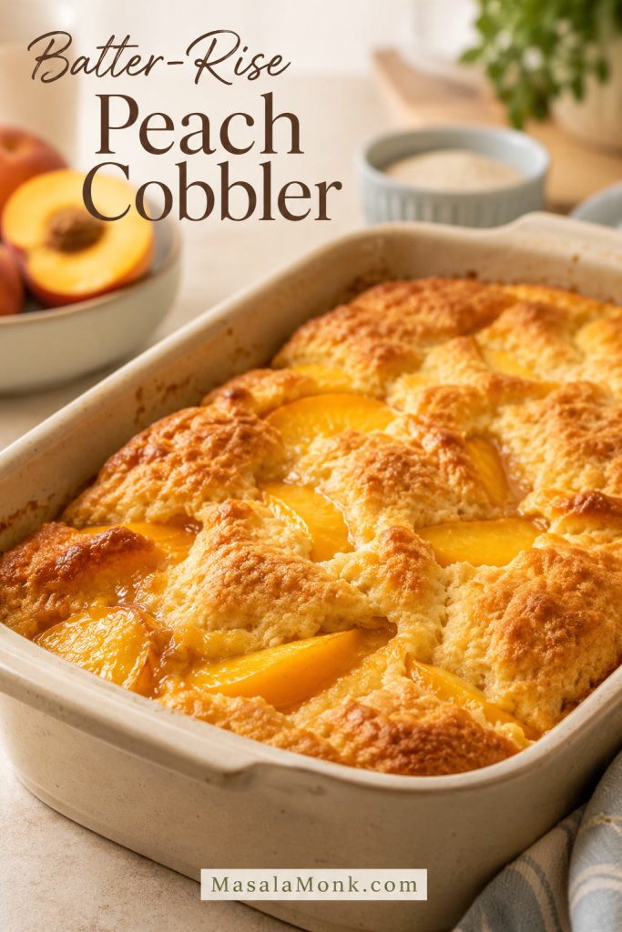 Close view of batter-rise peach cobbler with golden topping baked around visible peach slices.